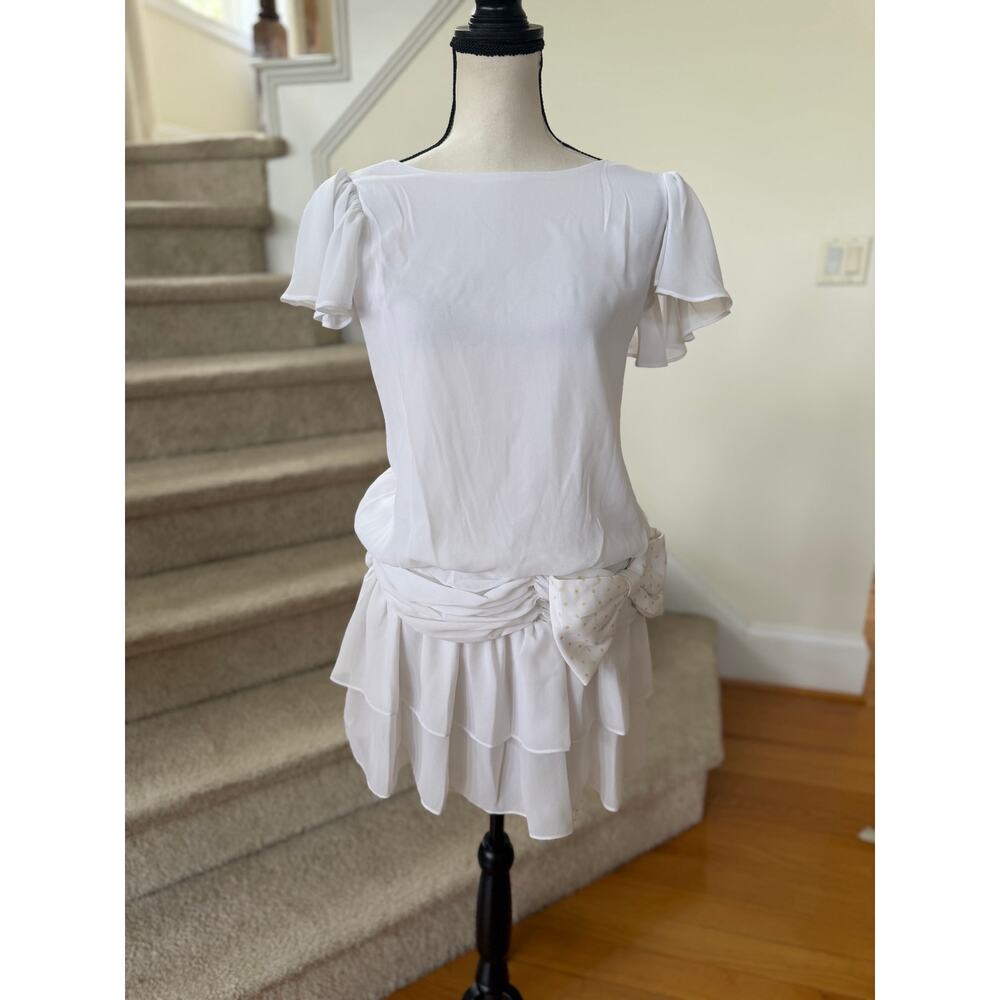 Vintage 80s White Drop Waist Blouson Ruffle Bow Short Sleeve Mini Dress